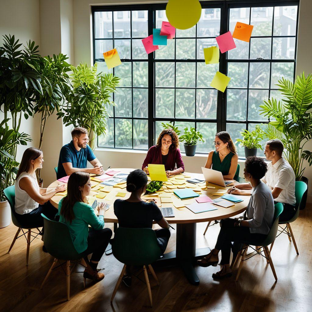 A diverse group of professionals collaborating around a large round table, sharing ideas with post-it notes and laptops, radiating teamwork and synergy. Bright, natural light streaming through large windows, highlighting their engaged expressions. In the background, a green indoor plant symbolizes growth and harmony. The overall atmosphere should evoke positivity and cooperation. super-realistic. vibrant colors. soft focus.