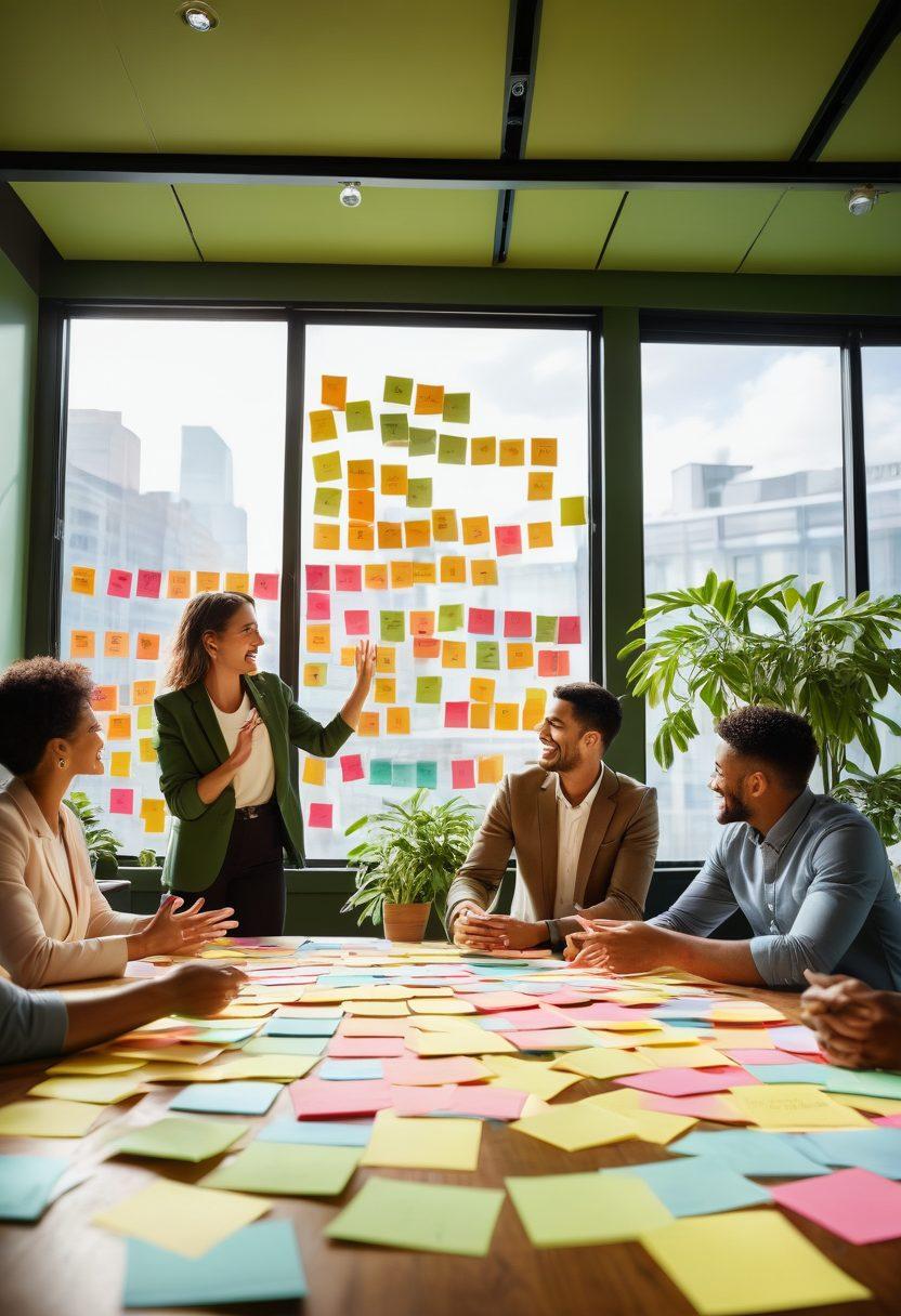 A diverse group of business professionals collaboratively brainstorming around a large table, with colorful post-it notes and a whiteboard filled with ideas about partnerships. They are exchanging smiles and high-fives, portraying joy and teamwork. Bright natural light filters through large windows, creating an uplifting atmosphere. The background includes plants and strategic partnership diagrams. super-realistic. vibrant colors. soft focus.