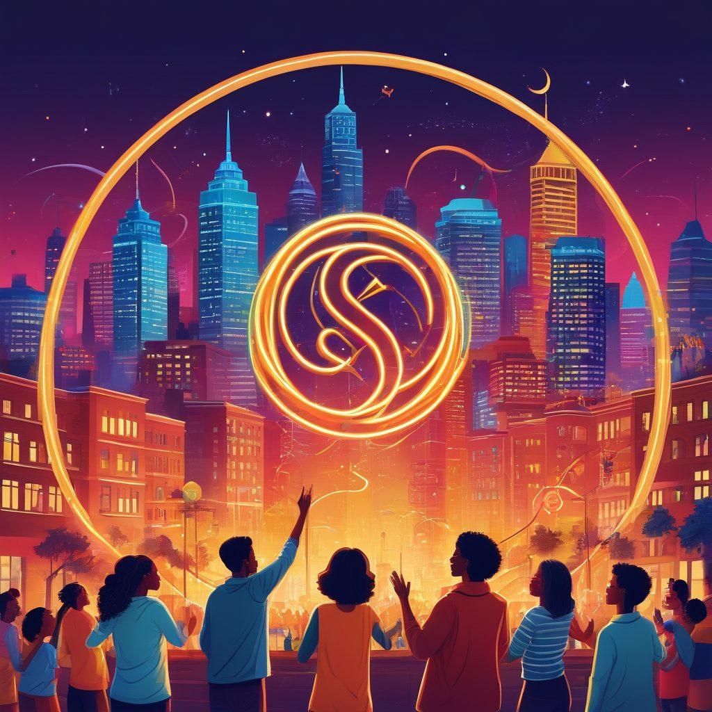 A vibrant illustration of diverse people collaborating joyfully around a central Scorpio symbol, exchanging ideas with bright light bulbs above their heads. The backdrop features a city skyline symbolizing growth and community, with abstract designs representing networks and connections. Use bold colors and playful elements to signify happiness and unity in teamwork. digital art. vibrant colors.
